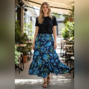 Vintage White Stag Floral Ruffled Skirt Flower Core Ladies Large Bloomcore Blue